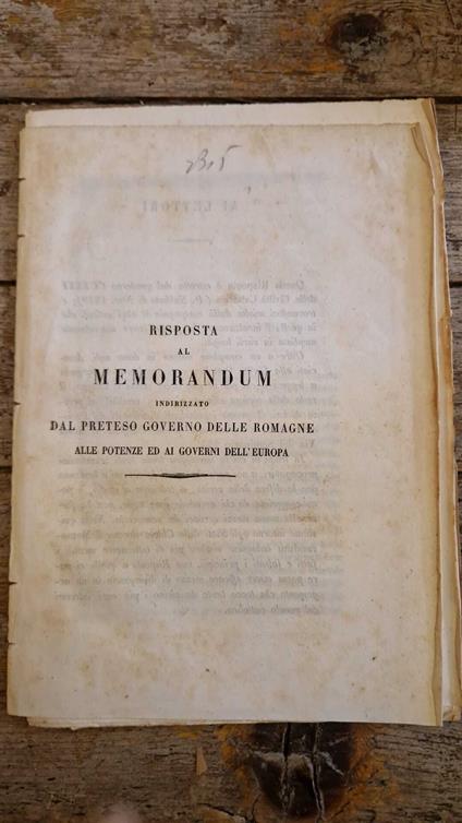 Risposta al memorandum indirizzato dal preteso Governo delle Romagne alle potenze ed ai governi dell'Europa - copertina