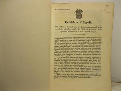 CAPITOLATO D'APPALTO che stabilisce le condizioni per l'impresa novennale della mondezza stradale nella R. Citta' di Venezia, dello sgombro delle nevi e di altri inerenti servigi - copertina