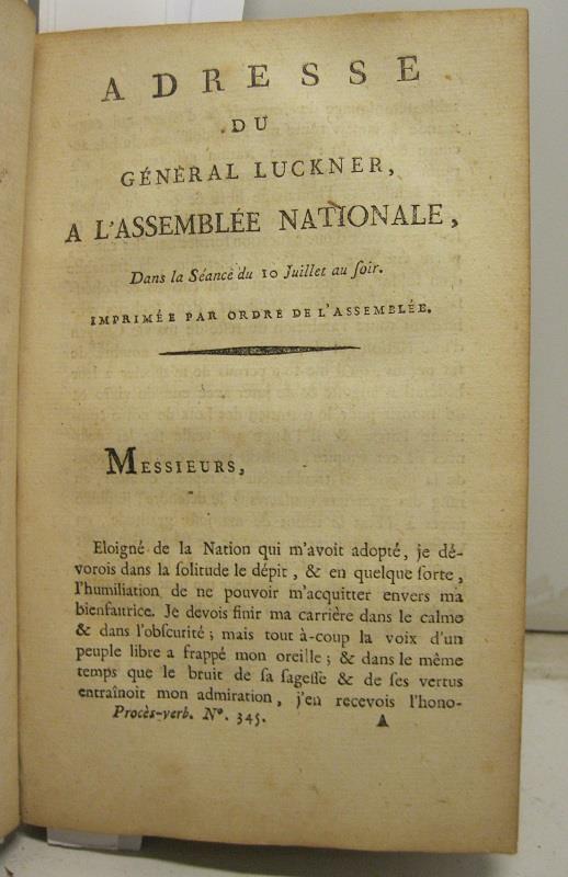 Adresse du Ge'neral Luckner a' l'Assemble'e Nationale dans la seance du 10 julliet au soir imprime'e par ordre de l'Assemble'e - copertina