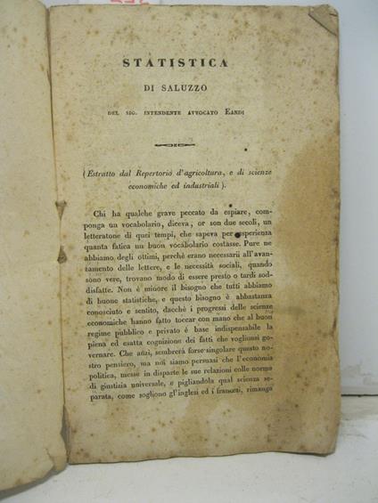 Statistica di Saluzzo del Sig. Intendente Avvocato Eandi. (Estratto dal Repertorio d'agricoltura, e di scienze economiche ed industriali) - copertina