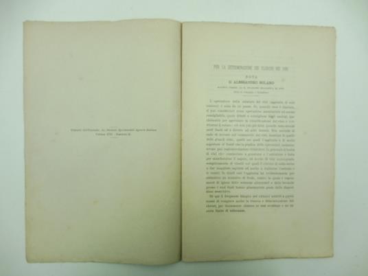 Per la determinazione dei cloruri nei vini. Nota di Alessandro Solaro, allievo presso la R. Stazione enologica di Asti Estratto dal Giornale: Le Stazioni Sperimentali Agrarie Italiane. Volume XXI - Fascicolo II - copertina