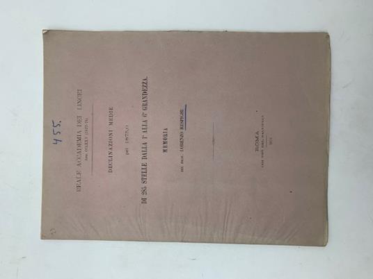 Declinazioni medie pel 1875 di 285 stelle dalla 1a alla 6a grandezza. Memoria - Lorenzo Respighi - copertina