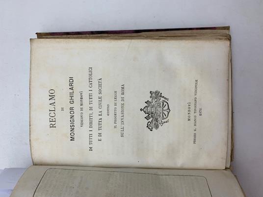 Reclamo di Monsignor Ghilardi... di tutti i diritti, di tutti i cattolici e di tutta la civile societa' contro il progetto di legge sull'invasione di Roma - Giovanni Tommaso Ghilardi - copertina