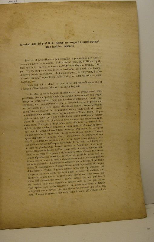 Istruzioni date dal Prof. M. E. Hubner per eseguire i calchi cartacei delle iscrizioni lapidarie - copertina