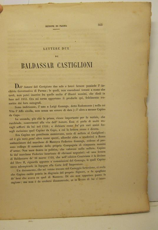 Lettere due di Baldassar Castiglioni - A. Ronchini - copertina