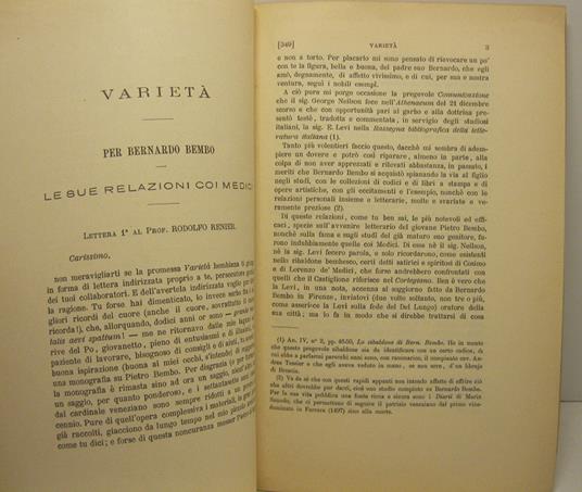 Varieta'. Per Bernardo Bembo. Le sue relazioni coi Medici. Lettera prima al Prof. Rodolfo Renier - Vittorio Cian - copertina