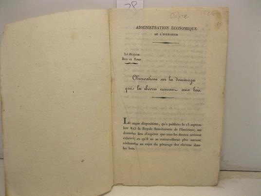 Administration economique de l'interieur. Observations sur le dommages que les chevres causent avec bois - copertina