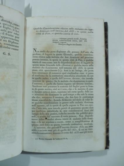 Qualche considerazione clinica sulle malattie che hanno dominato nell'inverno del 1833, in specie nella citta' di Pisa...(Stralcio da: Nuovo giornale de' letterati. N. 68. 1833) - Giacomo Barzellotti - copertina