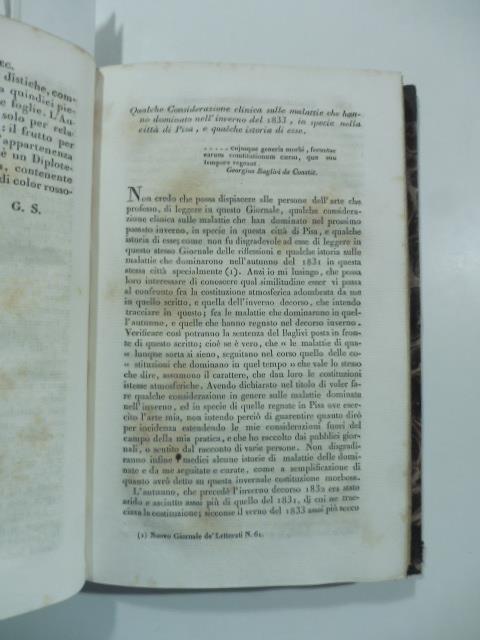 Qualche considerazione clinica sulle malattie che hanno dominato nell'inverno del 1833, in specie nella citta' di Pisa...(Stralcio da: Nuovo giornale de' letterati. N. 68. 1833) - Giacomo Barzellotti - copertina