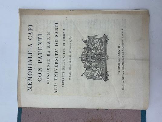 Memoriale a capi con patenti concesse da S.S.R.M. all'universita' de' sarti abitanti nella citta' di Torino .. - copertina