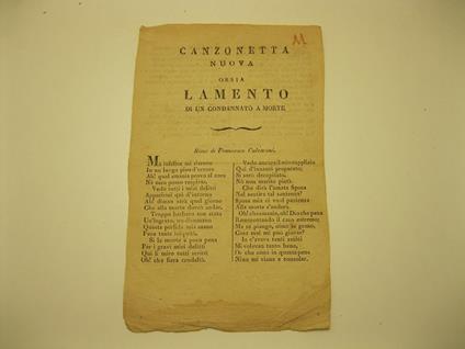 Canzonetta nuova ossia lamento di un condannato a morte. Rime - copertina