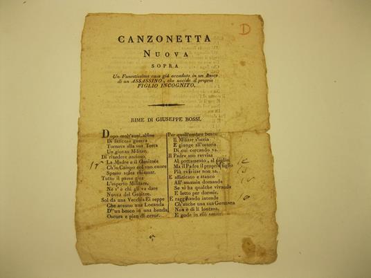 Canzonetta nuova sopra un funestissimo caso gia' accaduto in un bosco di un assassino che uccide il proprio figlio incognito. Rime - Giuseppe Bossi - copertina