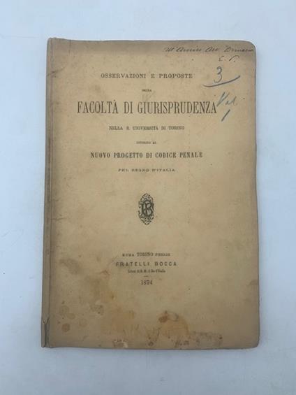 Osservazioni e proposte della Facoltà di giurisprudenza nella R. Università di Torino intorno al nuovo progetto di codice penale pel Regno d'Italia - copertina