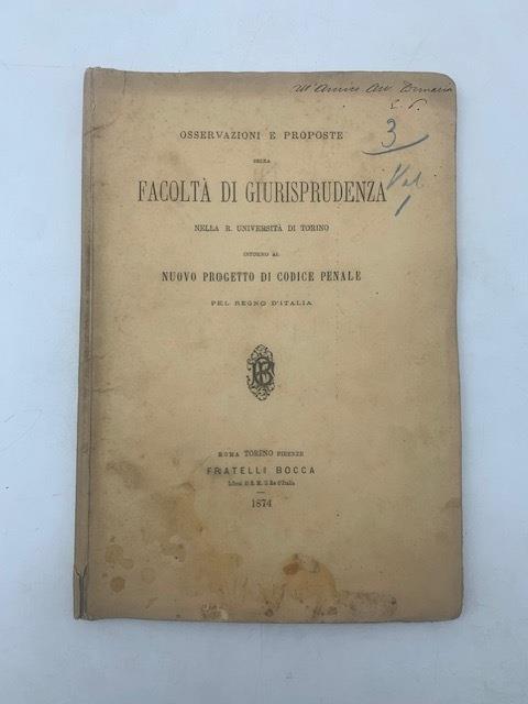 Osservazioni e proposte della Facoltà di giurisprudenza nella R. Università di Torino intorno al nuovo progetto di codice penale pel Regno d'Italia - copertina