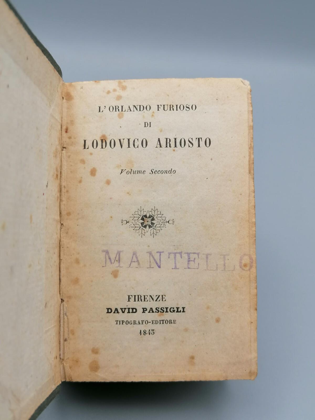 Orlando Furioso Libro Antico Ludovico Ariosto Passigli 1843 Volume Secondo 32^