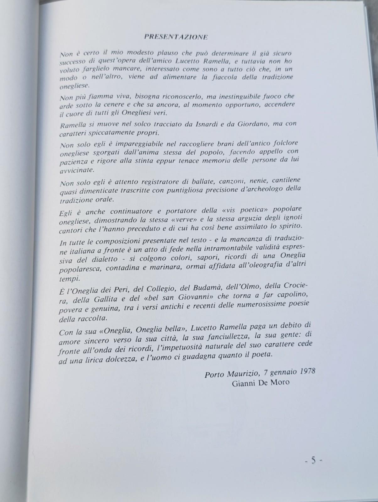 Lucetto Ramella - Oneglia, Oneglia Bella, Libro Ninne Nanne Fiabe Versi Dialetto