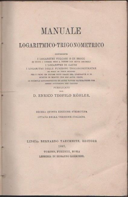 Manuale logaritmico-trigonometrico - E. T. Kohler - copertina