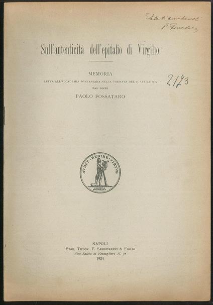 Sull'autenticità dell'epitafio di Virgilio - copertina