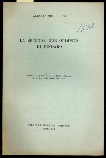 La seconda ode olimpica di Pindaro - Alessandro Perosa - copertina
