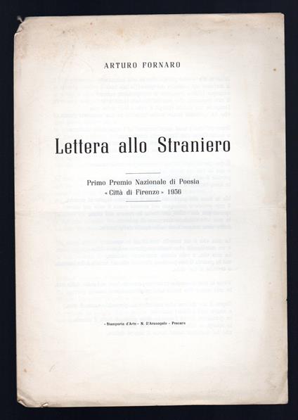 Lettera allo straniero - Primo Premio Nazionale di Poesia ''Città di Firenze'' 1956 - copertina