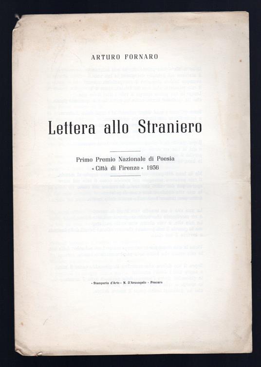 Lettera allo straniero - Primo Premio Nazionale di Poesia ''Città di Firenze'' 1956 - copertina