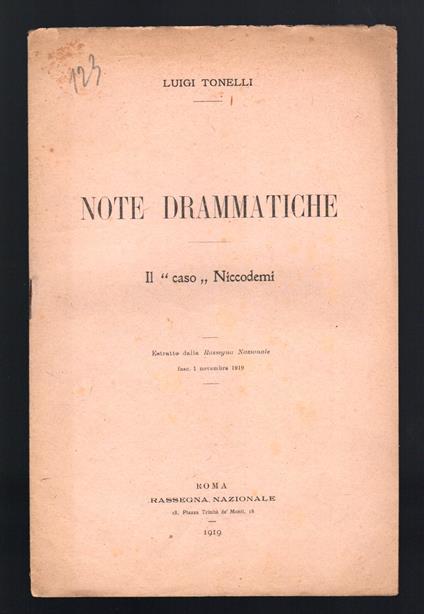 Note drammatiche. Il ''caso'' Niccodemi - Luigi Tonelli - copertina
