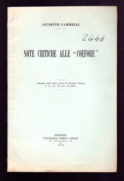 Note critiche alle ''Coefore'' - Giuseppe Cammelli - copertina