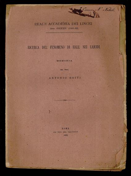 Ricerca del fenomeno di Hall nei liquidi - copertina