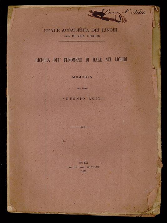 Ricerca del fenomeno di Hall nei liquidi - copertina