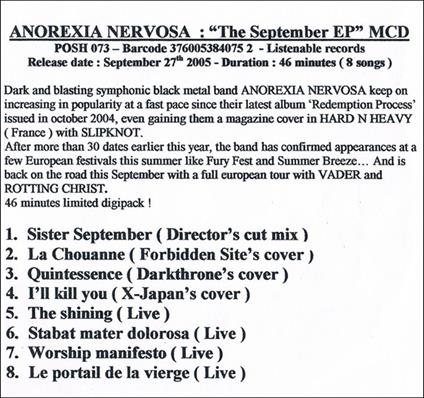 The September E.P. - CD Audio di Anorexia Nervosa
