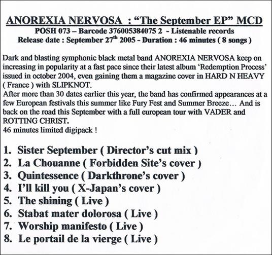 The September E.P. - CD Audio di Anorexia Nervosa