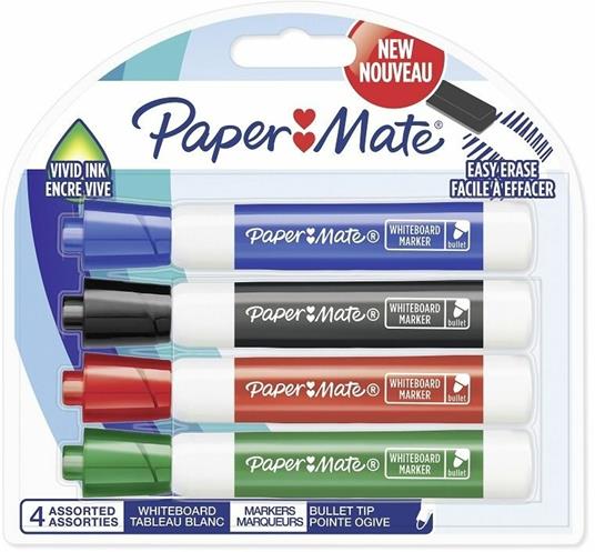 Pennarello cancellabile Papermate PM per lavagna punta tonda Colori Assortiti Nero, Blu, Rosso, Verde - Blister da 4