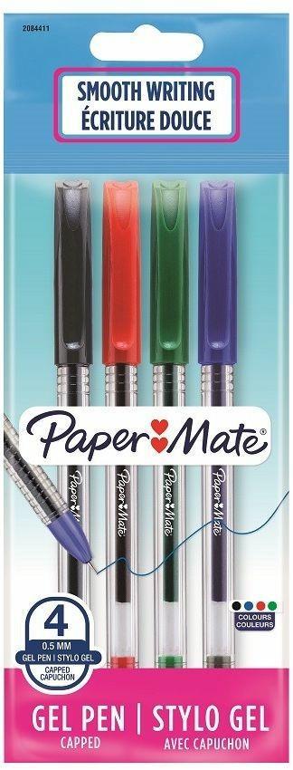 Penna a inchiosto Papermate PM Jiffy Gel punta da 0,5 mm Colori Assortiti  Nero, Blu, Rosso, Verde - Confezione da 4