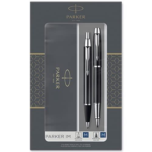 PARKER IM Duo set regalo con penna a sfera e penna stilografica, nero  lucido con finiture cromate, cartuccia e ricarica di inchiostro blu,  confezione regalo - Parker - Cartoleria e scuola