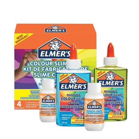 Elmer's SLIME KIT. 2 Flaconi di colla liquida colori VERDE, BLU TRANSLUCIDI da 147 ml + 2 Flaconi di MAGICAL LIQUID da 68 ml - 4