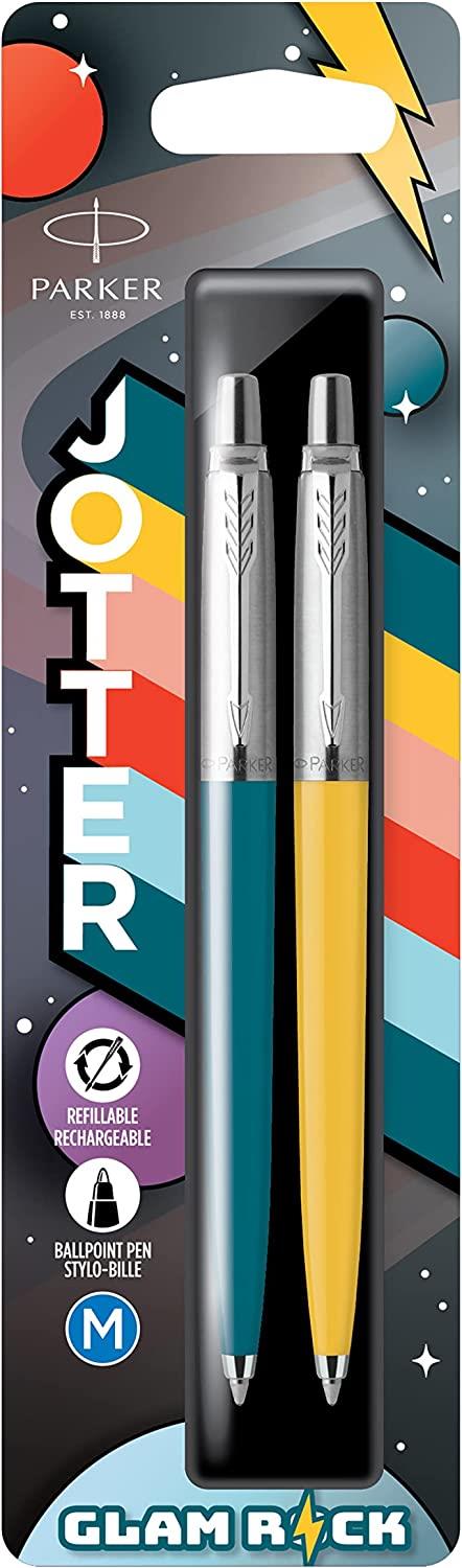 Parker Jotter Originals penne a sfera | Collezione Glam Rock | Peacock Blue e Sunshine Yellow | Inchiostro blu | 2 pezzi