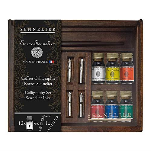 Sennelier Calligraphy Large Wood Set Includes 12 Ink Colors 4 Nibs And a Lacquered Nib Holder (10-134025-00)