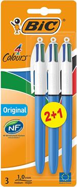 Bic 802077/801867 - Penna a sfera 4 colori, punta: 1,0 mm, tratto: 0,3 mm, colore: Blu/Nero/Rosso/Verde Blister da 2 + 1 Classico