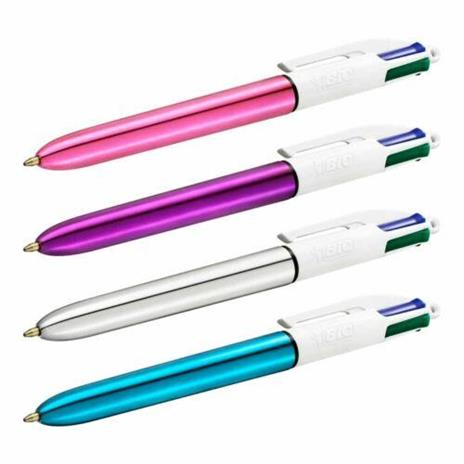 BIC 4 Colori Penne a Sfera, Shine, Ottime per la Scuola, Fusti Metallizzati, Punta Media (1.0mm), Confezione da 3 Unità