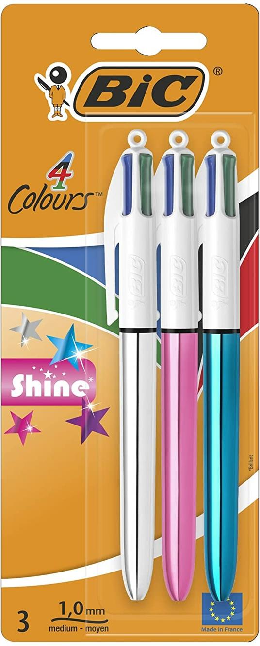 BIC 4 Colori Penne a Sfera, Shine, Ottime per la Scuola, Fusti Metallizzati, Punta Media (1.0mm), Confezione da 3 Unità - 3