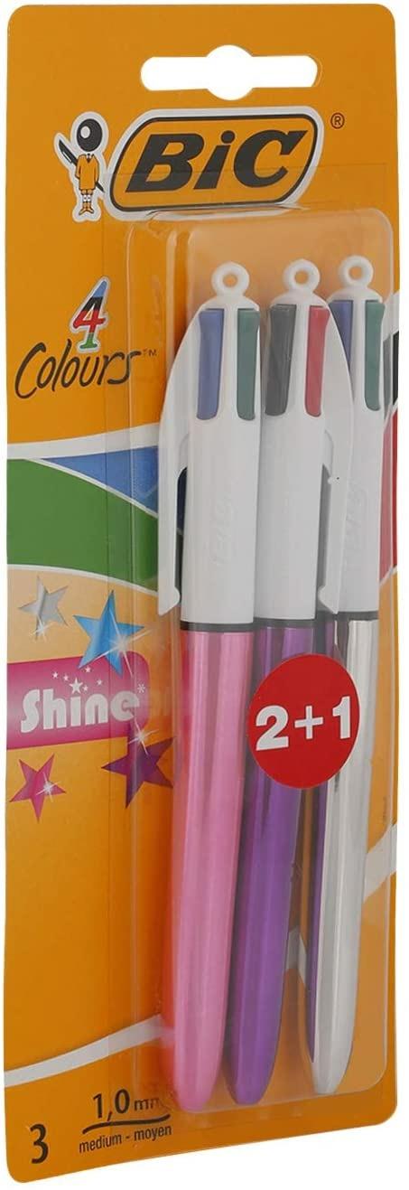 BIC 4 Colori Penne a Sfera, Shine, Ottime per la Scuola, Fusti Metallizzati, Punta Media (1.0mm), Confezione da 3 Unità - 5