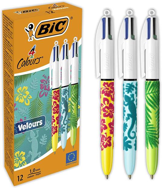 BIC 4Colori Velours, Penna a Sfera a Scatto, Colorate, con Fusto