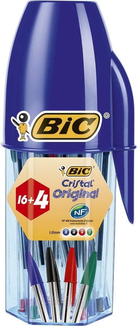 BIC Penne a Sfera, Cristal Original, Ottimi per Scuola e Cancelleria Ufficio, Colori Assortiti, Punta Media (1.0 mm), Barattolo da 16 + 4 penne