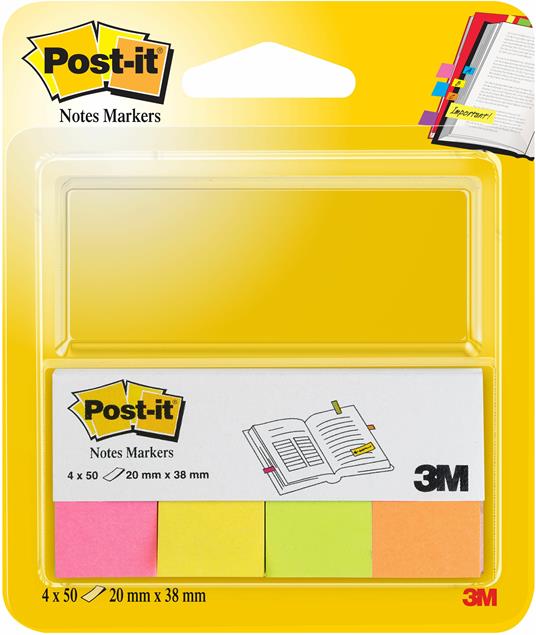 3M Post-it. Segnapagina in Carta con Supporto in Cartoncino. 4 Colori Neon