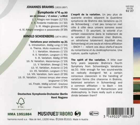 Sinfonia N.4 Op.90 - Variazioni per Orchestra Op.31 - CD Audio di Johannes Brahms,Arnold Schönberg,Kent Nagano - 2