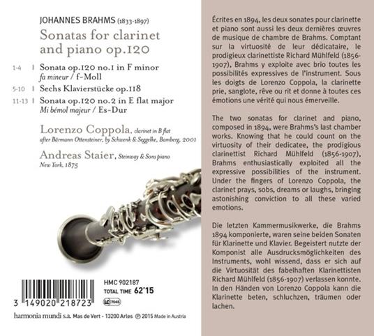 Sonate per clarinetto - CD Audio di Johannes Brahms,Andreas Staier,Lorenzo Coppola - 2