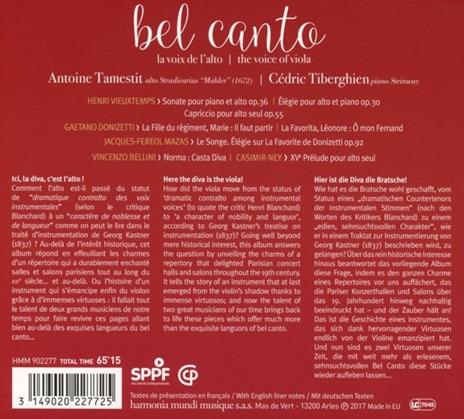 Bel Canto - The Voice of Viola. Musica per viola e pianoforte del XIX secolo - CD Audio di Cédric Tiberghien,Antoine Tamestit - 2