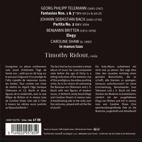 Solo. Musiche di Telemann, Bach, Britten, Shaw - CD Audio di Timothy Ridout - 2