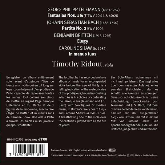 Solo. Musiche di Telemann, Bach, Britten, Shaw - CD Audio di Timothy Ridout - 2