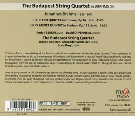 Quintetto per clarinetto op.115 - Quintetto per pianoforte op.34 - CD Audio di Johannes Brahms,Rudolf Serkin,Budapest String Quartet,David Oppenheim - 2